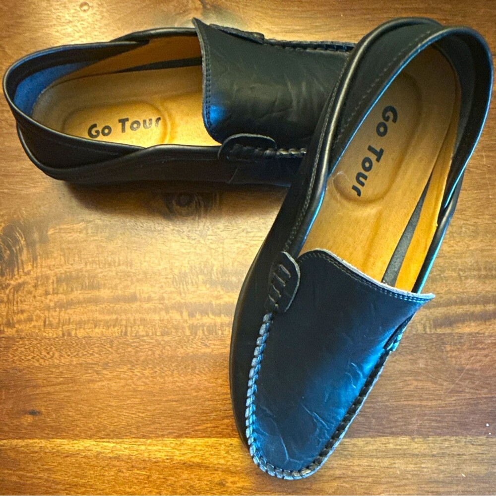 Go Tour Men's Black Leather Slip-On Loafers Round Toe US 8 M 170-20138-41